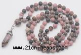 GMN5907 Hand-knotted 6mm matte rhodonite 108 beads mala necklaces with pendant