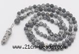 GMN5909 Hand-knotted 6mm matte black water jasper 108 beads mala necklaces with pendant