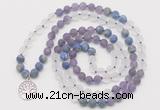 GMN6001 Knotted 8mm, 10mm matte amethyst, white crystal & lapis lazuli 108 beads mala necklace with charm