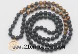 GMN6011 Knotted 8mm, 10mm matte black agate & yellow tiger eye 108 beads mala necklace with charm