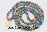 GMN6026 Knotted 7 Chakra 8mm, 10mm African turquoise 108 beads mala necklace with charm