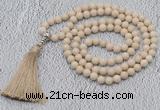 GMN604 Hand-knotted 8mm, 10mm white fossil jasper 108 beads mala necklaces with tassel