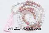 GMN6104 Knotted 8mm, 10mm white howlite, pink jasper & rose quartz 108 beads mala necklace with tassel