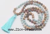 GMN6107 Knotted 8mm, 10mm matte amazonite & jasper 108 beads mala necklace with tassel