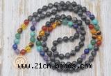 GMN6138 Knotted 7 Chakra 8mm, 10mm black labradorite 108 beads mala necklace with charm