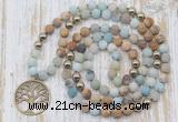 GMN6144 Knotted 8mm, 10mm matte amazonite & picture jasper 108 beads mala necklace with charm