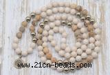 GMN6145 Knotted 8mm, 10mm white fossil jasper & picture jasper 108 beads mala necklace with charm