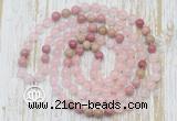 GMN6151 Knotted 8mm, 10mm rose quartz & pink wooden jasper 108 beads mala necklace with charm