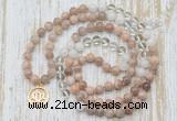 GMN6154 Knotted 8mm, 10mm sunstone, white crystal & white jade 108 beads mala necklace with charm