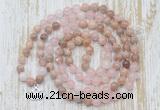 GMN6155 Knotted 8mm, 10mm sunstone, rose quartz & white jade 108 beads mala necklace with charm