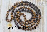 GMN6158 Knotted 8mm, 10mm yellow tiger eye, garnet & smoky quartz 108 beads mala necklace with charm