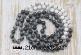 GMN6159 Knotted 8mm, 10mm snowflake obsidian, garnet & matte white howlite 108 beads mala necklace with charm