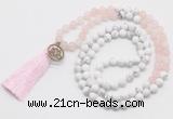 GMN6203 Knotted matte rose quartz & white howlite 108 beads mala necklace with tassel & charm
