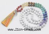 GMN6222 Knotted 7 Chakra white howlite 108 beads mala necklace with tassel & charm