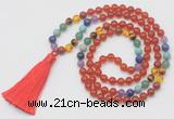 GMN6241 Knotted 7 Chakra 8mm, 10mm red agate 108 beads mala necklace with tassel