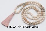 GMN6245 Knotted 8mm, 10mm white fossil jasper & picture jasper 108 beads mala necklace with tassel