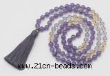 GMN6253 Knotted 8mm, 10mm amethyst, citrine & white crystal 108 beads mala necklace with tassel