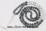 GMN6259 Knotted 8mm, 10mm snowflake obsidian, garnet & matte white howlite 108 beads mala necklace with tassel