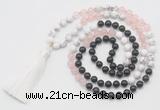 GMN6262 Knotted 8mm, 10mm black agate, rose quartz & white howlite 108 beads mala necklace with tassel