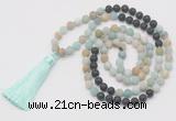 GMN6263 Knotted 8mm, 10mm matte amazonite & black lava 108 beads mala necklace with tassel