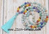 GMN6339 Knotted 7 Chakra 8mm, 10mm amazonite 108 beads mala necklace with tassel