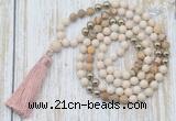 GMN6345 Knotted 8mm, 10mm white fossil jasper & picture jasper 108 beads mala necklace with tassel