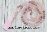GMN6351 Knotted 8mm, 10mm rose quartz & pink wooden jasper 108 beads mala necklace with tassel