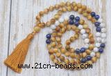 GMN6357 Knotted 8mm, 10mm golden tiger eye, lapis lazuli & matte white howlite 108 beads mala necklace with tassel