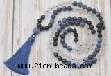 GMN6366 Knotted 8mm, 10mm matte sodalite, white crystal  & black agate 108 beads mala necklace with tassel