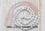 GMN6402 Hand-knotted 8mm, 10mm rose quartz & white howlite 108 beads mala necklaces