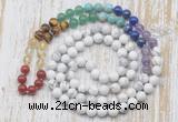 GMN6422 Hand-knotted 7 Chakra 8mm, 10mm white howlite 108 beads mala necklaces