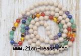 GMN6435 Hand-knotted 7 Chakra 8mm, 10mm white fossil jasper 108 beads mala necklaces