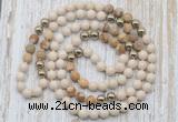 GMN6445 Hand-knotted 8mm, 10mm white fossil jasper & picture jasper 108 beads mala necklaces