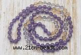 GMN6453 Hand-knotted 8mm, 10mm amethyst, citrine & white crystal 108 beads mala necklaces