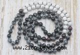 GMN6459 Knotted 8mm, 10mm snowflake obsidian, garnet & matte white howlite 108 beads mala necklaces