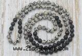 GMN6465 Hand-knotted 8mm, 10mm dalmatian jasper, black lava & garnet 108 beads mala necklaces