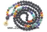 GMN6488 Knotted 7 Chakra 8mm, 10mm black lava 108 beads mala necklace with charm