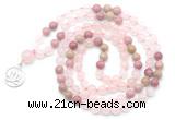 GMN6497 Knotted 8mm, 10mm rose quartz & pink wooden jasper 108 beads mala necklace with charm