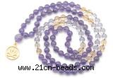 GMN6499 Knotted 8mm, 10mm amethyst, citrine & white crystal 108 beads mala necklace with charm