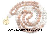 GMN6500 Knotted 8mm, 10mm sunstone, white crystal & white jade 108 beads mala necklace with charm