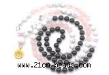 GMN6508 Knotted 8mm, 10mm black agate, rose quartz & white howlite 108 beads mala necklace with charm