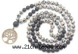 GMN6511 Knotted 8mm, 10mm dalmatian jasper, black lava & garnet 108 beads mala necklace with charm