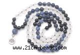 GMN6512 Knotted 8mm, 10mm matte sodalite, white crystal  & black agate 108 beads mala necklace with charm