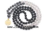 GMN6514 Knotted 8mm, 10mm black labradorite, matte rose quartz  & black agate 108 beads mala necklace with charm