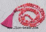 GMN674 Hand-knotted 8mm, 10mm red banded agate 108 beads mala necklaces with tassel