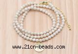 GMN7524 4mm faceted round tiny white fossil jasper beaded necklace with letter charm