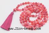 GMN803 Hand-knotted 8mm, 10mm red banded agate 108 beads mala necklace with tassel