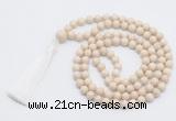 GMN815 Hand-knotted 8mm, 10mm white fossil jasper 108 beads mala necklace with tassel