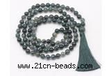 GMN8406 8mm, 10mm moss agate 27, 54, 108 beads mala necklace with tassel