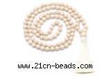 GMN8414 8mm, 10mm white fossil jasper 27, 54, 108 beads mala necklace with tassel